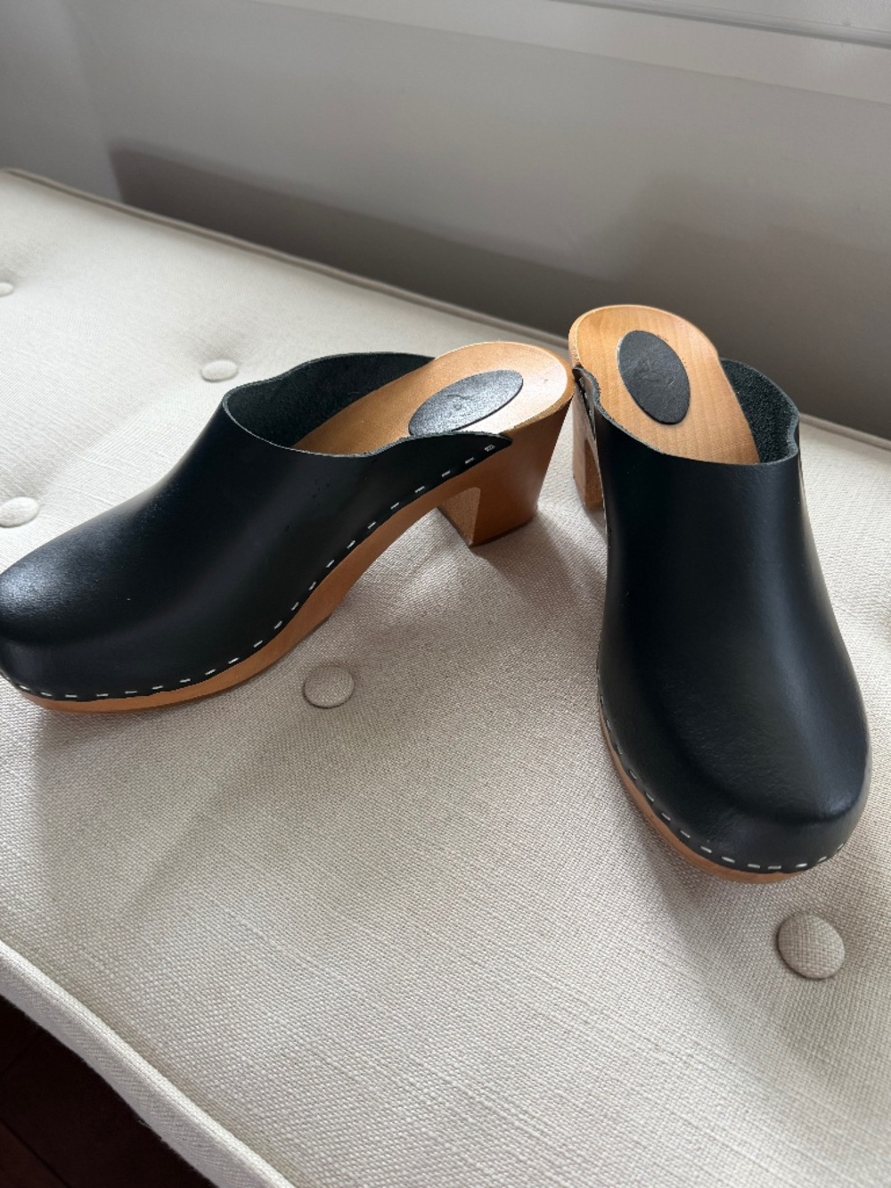 Black Leather Scandinavian Wooden Mule Clogs | Size 40
